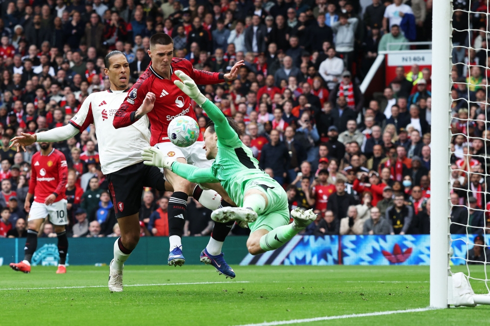 Manchester United’s Slovenian striker #30 Benjamin Sesko scores the team’s second goal during the English Premier League football match between Manchester United and Liverpool at Old Trafford in Manchester, north west England, on May 3, 2026. — AFP pic