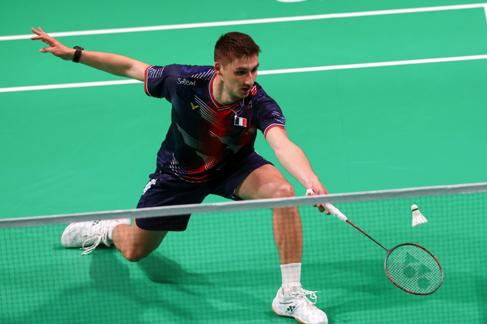 France’s Christo Popov plays against China’s Shi Yu Qi during the BWF Thomas Cup final at Forum Horsens in Horsens, Denmark, May 4, 2026. — Bernama pic