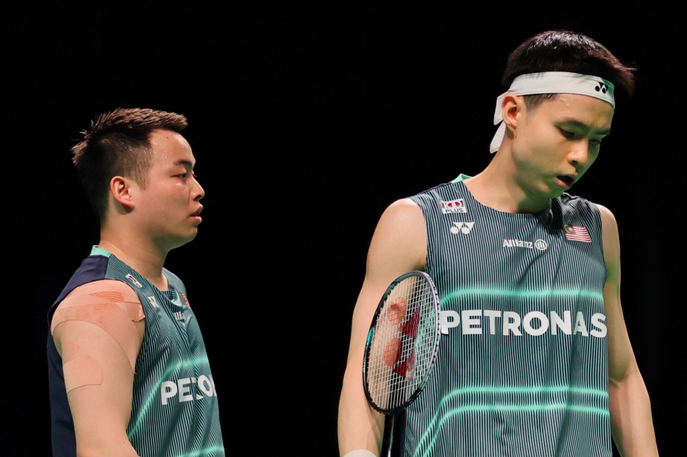 Malaysia’s Aaron Chia and Soh Wooi Yik play China’s Liang Wei Keng and Wang Chang in the Thomas Cup quarter-final at Forum Horsens in Horsens, Denmark, May 1, 2026.