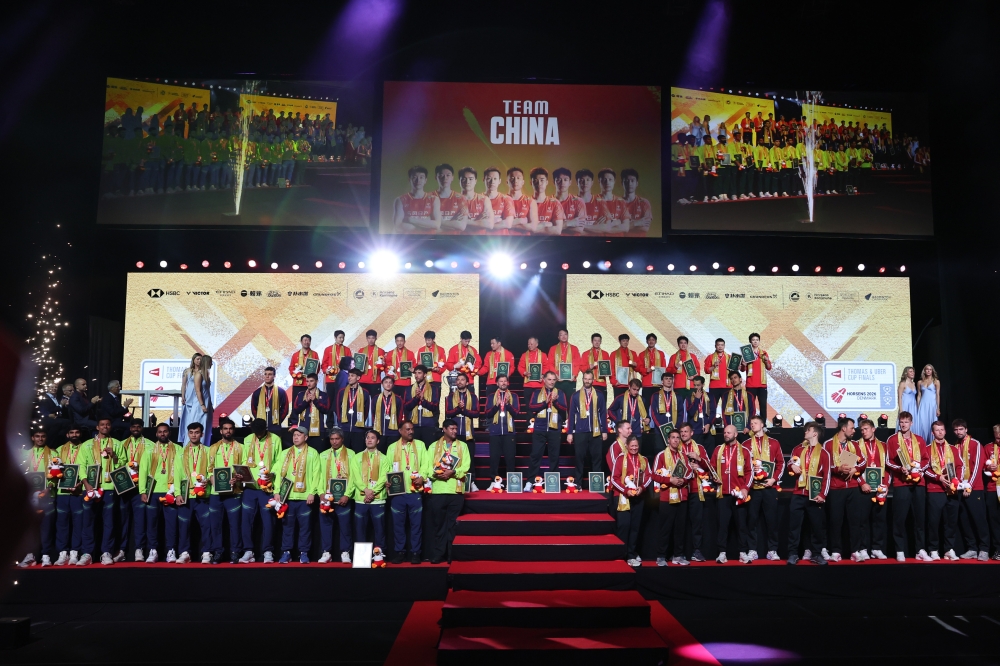 China’s men’s team celebrate after defeating France in the final of the BWF Thomas and Uber Cup Finals 2026 at Forum Horsens in Horsens, Denmark, May 4, 2026. — Bernama pic