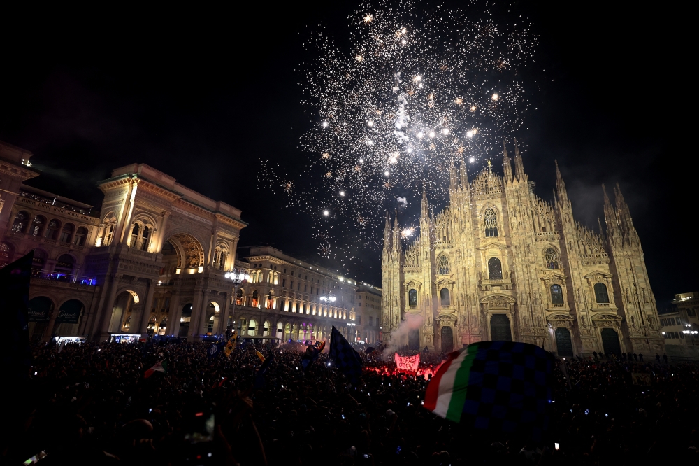 Inter Milan fans celebrate winning Serie A at Duomo Square in Milan, Italy, May 3, 2026. — Reuters pic
