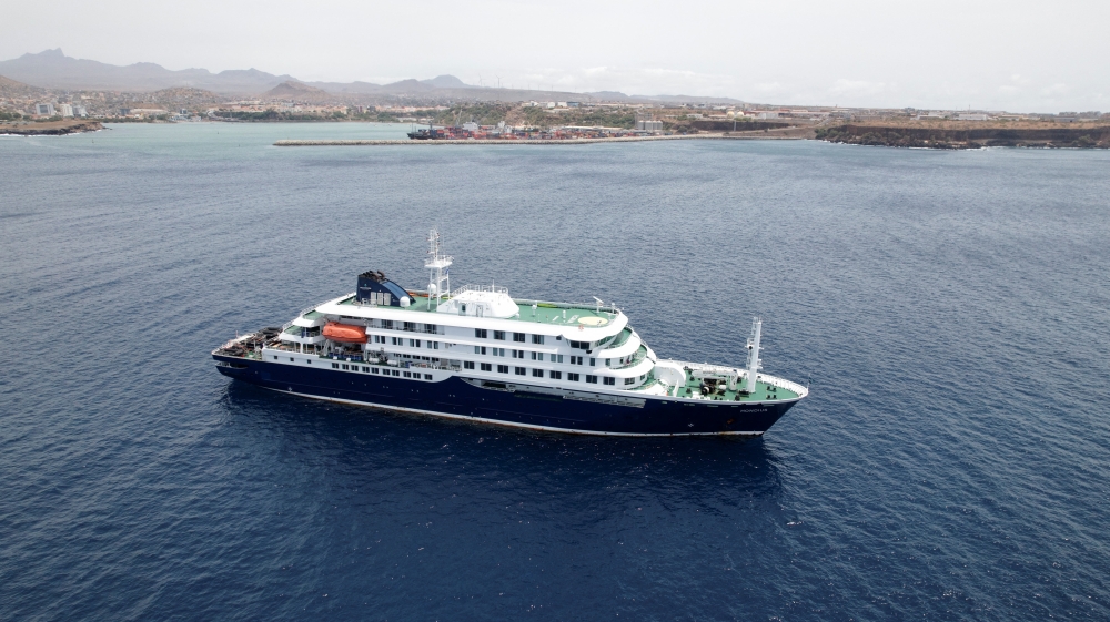 A drone view of the cruise ship MV Hondius, carrying passengers suspected of having cases of hantavirus on board, as it prepares to leave Praia, Cape Verde, May 6, 2026. — Reuters pic