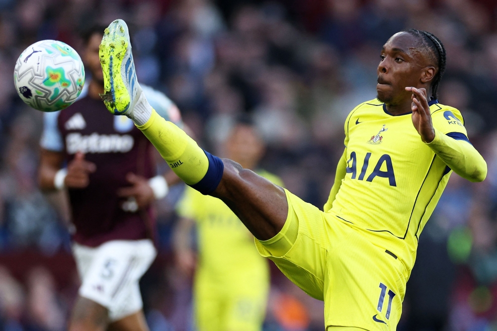 Tottenham Hotspur’s French midfielder #11 Mathys Tel controls the ball during the English Premier League football match between Aston Villa and Tottenham Hotspur at Villa Park in Birmingham May 3, 2026. — AFP pic