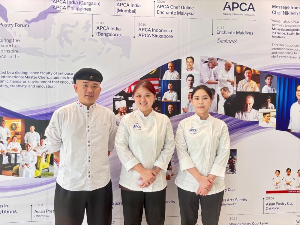 The Malaysian team’s coach Otto Tay Chee Siang (left) and the Asian Pastry Cup 2026 first runner-up Foo Yi Qing (centre) and Mun Pui Teng. — Picture by Dhesegaan Bala Krishnan