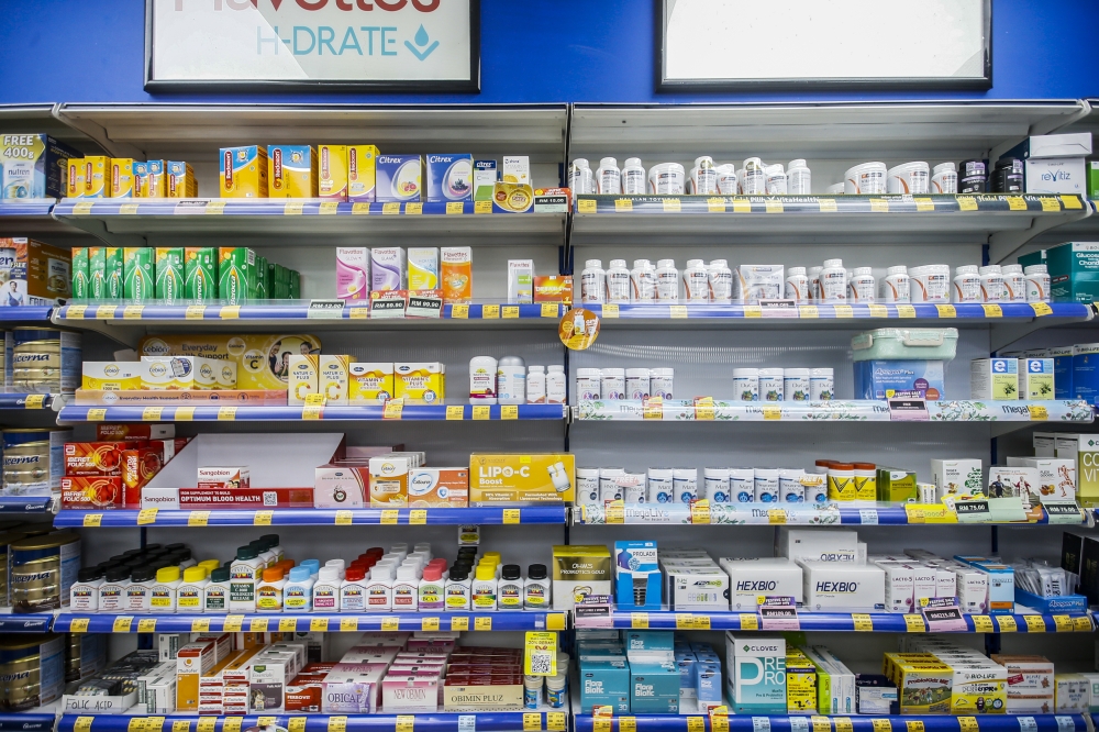 Various supplements are seen in a pharmacy at Bandar Baru Selayang on May 18, 2024. — Picture by Hari Anggara