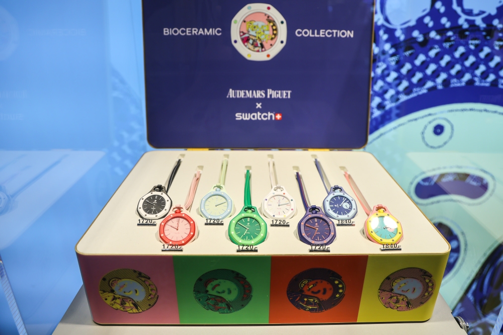 Swatch X Audemars Piguet Royal Pop watches are displayed in a presentation case at Mid Valley Megamall in Kuala Lumpur on May 16, 2026. — Picture by Yusof Isa