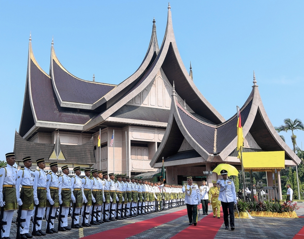 The Yang di-Pertuan Besar of Negeri Sembilan, Tuanku Muhriz Tuanku Munawir, inspects the parade of the 14th Battalion, Royal Malay Regiment (Mechanised), at the opening of the Second Sitting (Opening Ceremony) of the First Session of the 15th Negeri Sembilan State Legislative Assembly in Seremban on October 9, 2026. — Bernama pic 