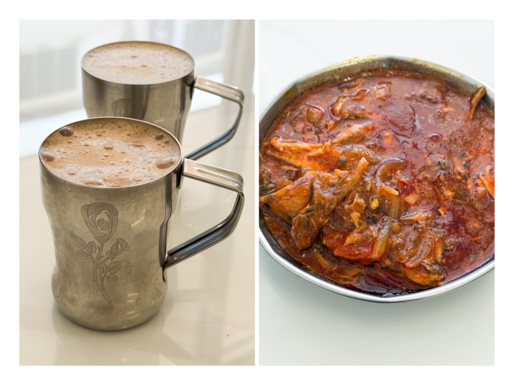 A cup of Teh Tarik (left) is a good way to end the meal. Sardine Perattal (right) gives a tomato punch with shredded canned fish. — Pictures by Lee Khang Yi