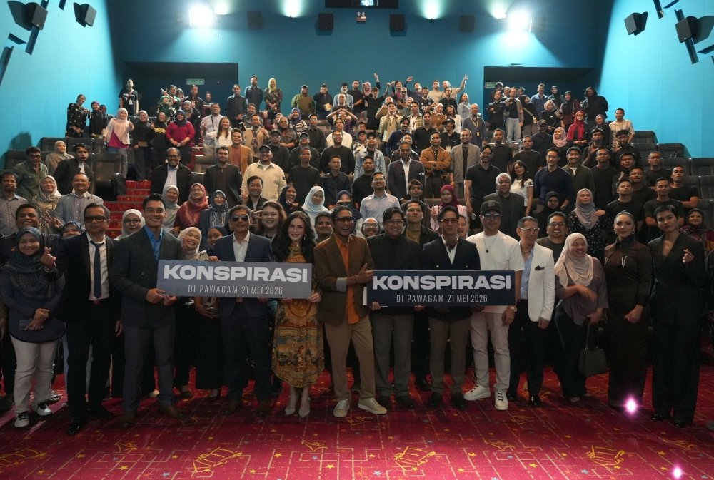 The team behind new Malaysian feature ‘Konspirasi’ pose for a photo during the film’s gala premiere on Monday at GSC IOI Putrajaya. — Picture courtesy of Primeworks