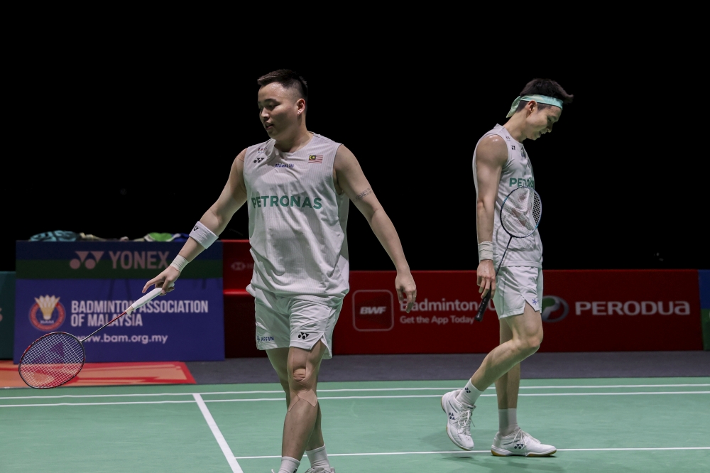 Top seeds Aaron Chia (left) and Soh Wooi Yik react after losing to compatriots Goh Sze Fei and Nur Izzuddin at the Perodua Malaysia Masters 2026 in Unifi Arena, Bukit Jalil, May 23, 2026. — Bernama pic Top seeds Aaron Chia (left) and Soh Wooi Yik react after losing to compatriots Goh Sze Fei and Nur Izzuddin at the Perodua Malaysia Masters 2026 in Unifi Arena, Bukit Jalil, May 23, 2026. — Bernama pic