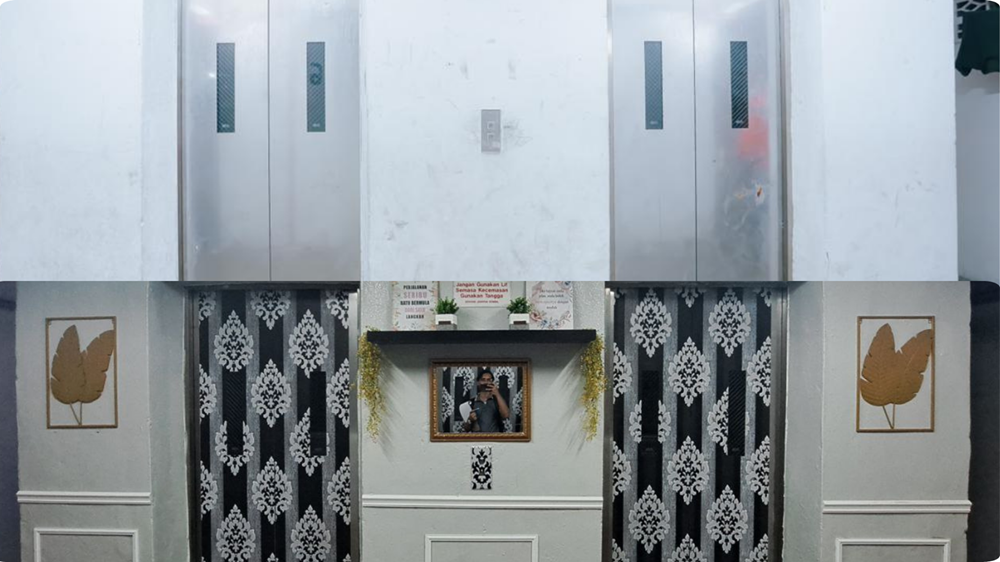 A before-and-after comparison showing how PPR Lembah Subang 1 residents revitalised one of their once-neglected lift lobbies. — Picture courtesy of Think City