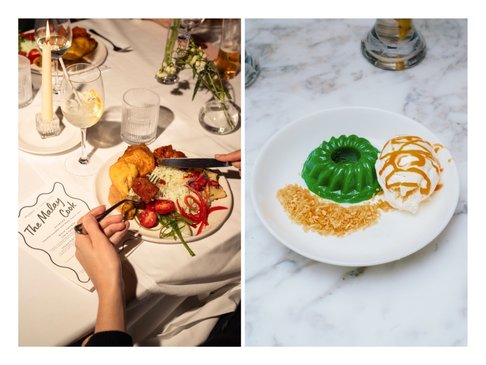 A plate of fragrant lime and pandan rice is paired with his grandmother’s recipe for Malay Wedding Curry as inspired by Ayam Masak Merah, together with Potato and Tempeh Sambal and Pineapple Relish (left). Pandan Kaswi Steamed Cake with vanilla and palm sugar ice cream and shredded coconut (right). — Pictures courtesy of Ranie Saidi