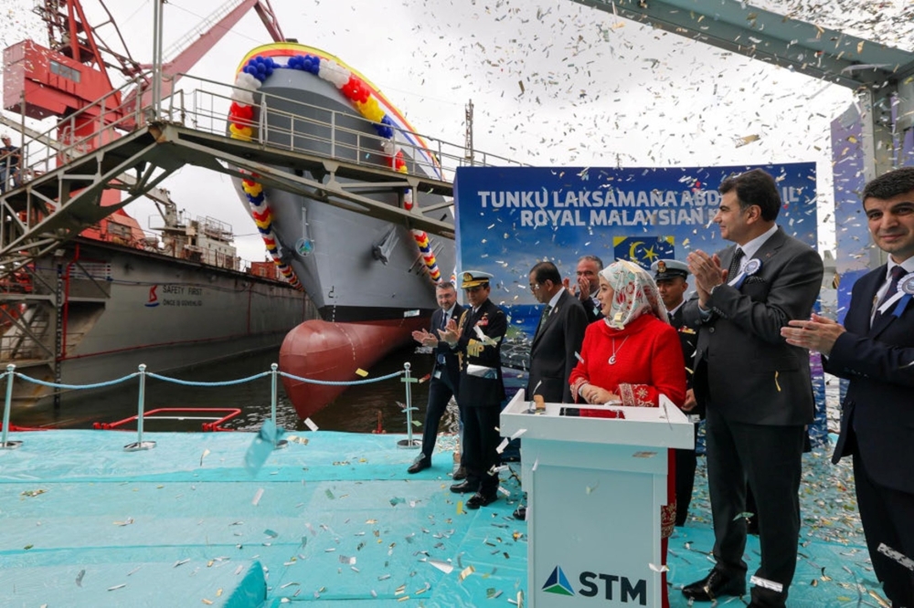 Queen of Malaysia Raja Zarith Sofiah, with Defence Minister Datuk Seri Mohamed Khaled Nordin during a naming and launching ceremony of the first Royal Malaysian Navy Littoral Mission Ship (LMS) Batch 2 at Istanbul Shipyard. — Picture courtesy of Defence Ministry