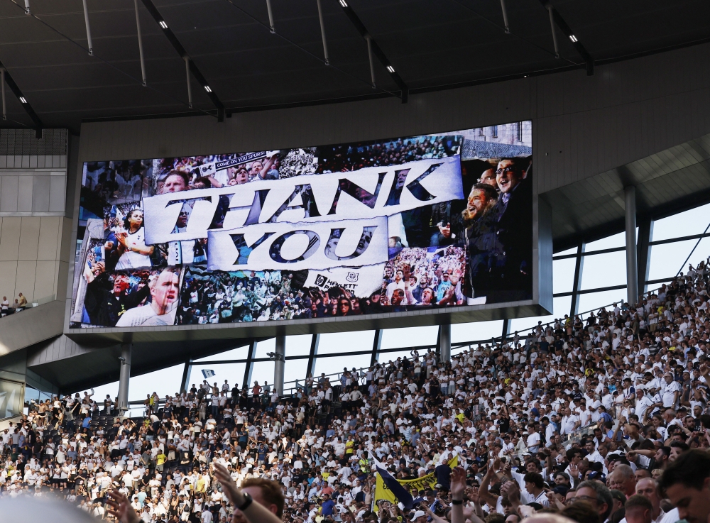 A big screen displays a thank you message to Tottenham Hotspur players after the Premier League match against Everton at the Tottenham Hotspur Stadium in London, Britain on May 24, 2026. — Reuters pic