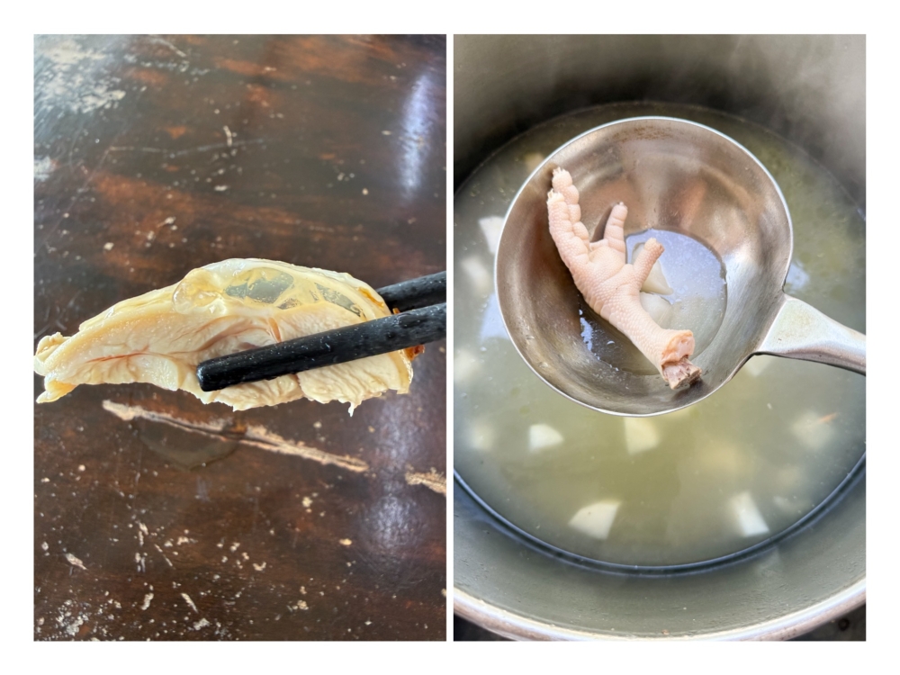 The chicken has a thick layer of jelly under its skin (left). The soup is available only for dine-in customers (right) and has a slight peppery flavour. — Pictures by Lee Khang Yi