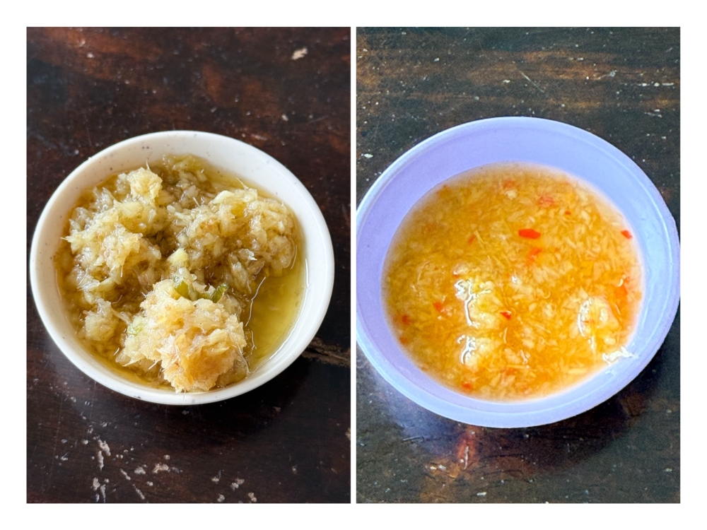 Chunky ginger paste gives the chicken (left) a pungent flavour.  The chilli sauce (right) may be watery but it has a nice mild zing that lends an appetising taste to the dish. — Pictures by Lee Khang Yi