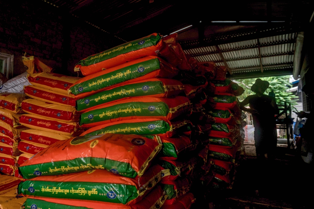 This photo taken on May 25, 2026 shows bags of fertiliser at a store in Kawhmu Township on the outskirts of Yangon. — AFP pic 