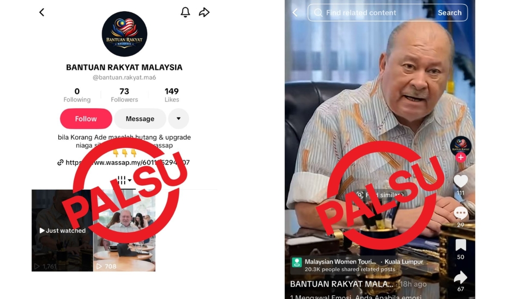 Screenshots of fake TikTok accounts and AI-generated videos impersonating the King, which the Johor Palace has denounced as fraudulent. Online platforms must introduce measures enabling users to identify manipulated and AI-generated content under Malaysia’s new Risk Mitigation Code, which comes into force from June 1, 2026. — Pictures via Facebook/Official Sultan Ibrahim