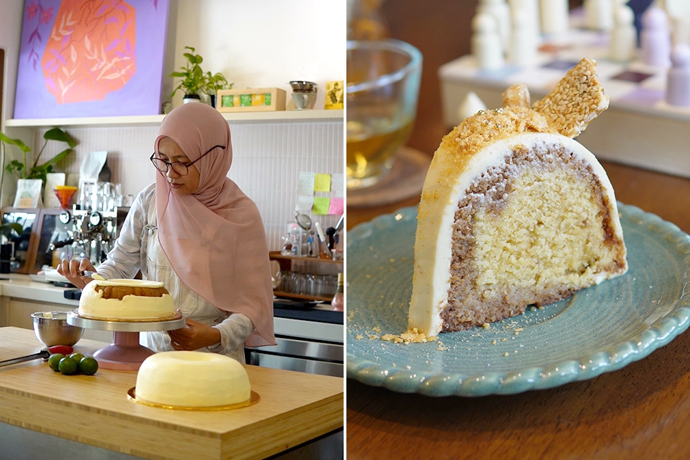 Preparing the Limau Nipis Bundt (left). The Kacang Tumbuk Bundt (right). — Picture courtesy of Manis by WildFlour