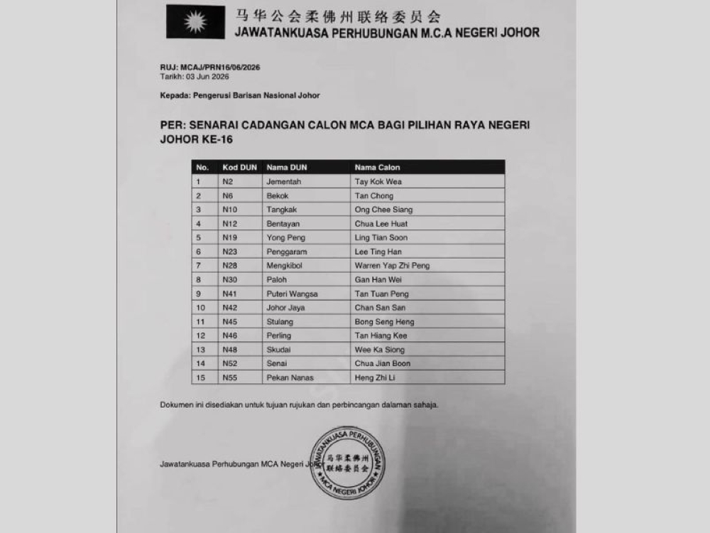 A widely circulated fake list containing 15 MCA candidates and their respective areas. It includes party president Datuk Seri Wee Ka Siong for Skudai on June 4, 2026. — Picture from WhatsApp