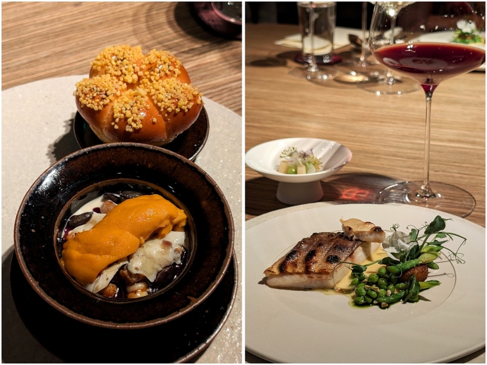 The corn course, designed to showcase one of Northern China’s most important crops, utilises sea urchin and conch from the Bohai Sea (left). The grilled dry-aged pomfret is paired with a summer vegetable that tastes remarkably similar to asparagus (right). — Picture by Ethan Lau
