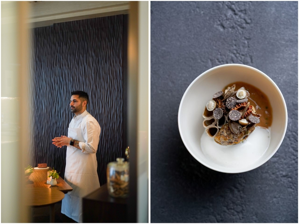 Chef Talib Hudda, a native of Edmonton, Canada, arrived in Beijing 11 years ago and has been cooking in China ever since (left). The 栲栳栳 ‘kao lao lao’ course, which sees a buckwheat rendition of a traditional oat noodle from Shaanxi done in a ‘macaroni and cheese’ preparation (right). — Pictures courtesy of Old Tower