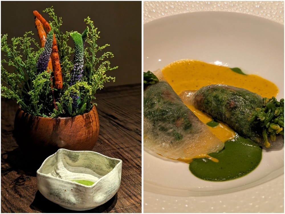 The presentation at Lamdre is part of the entire experience: the bamboo shoot course is presented in a garden of various leaves and herbs (left). Dumplings, but without the wheat: filled with rapeseed blossoms, mushrooms and turnips, these dumplings are made from winter melon. — Picture by Ethan Lau