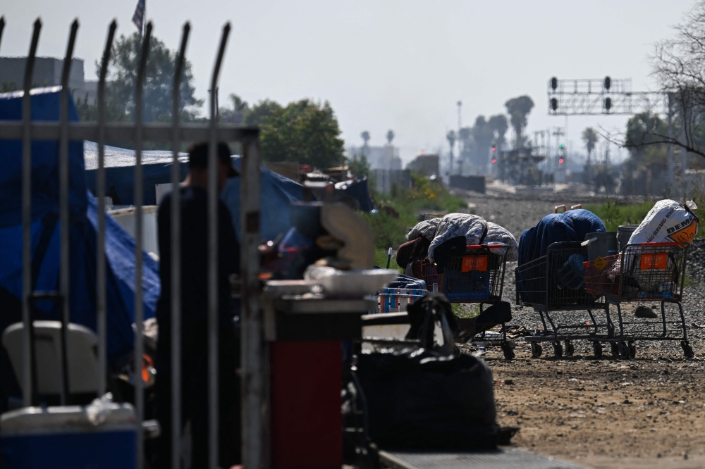 Shopping carts filled with belongings stand near a homeless encampment in Panorama City, Los Angeles, June 1, 2026. — AFP pic