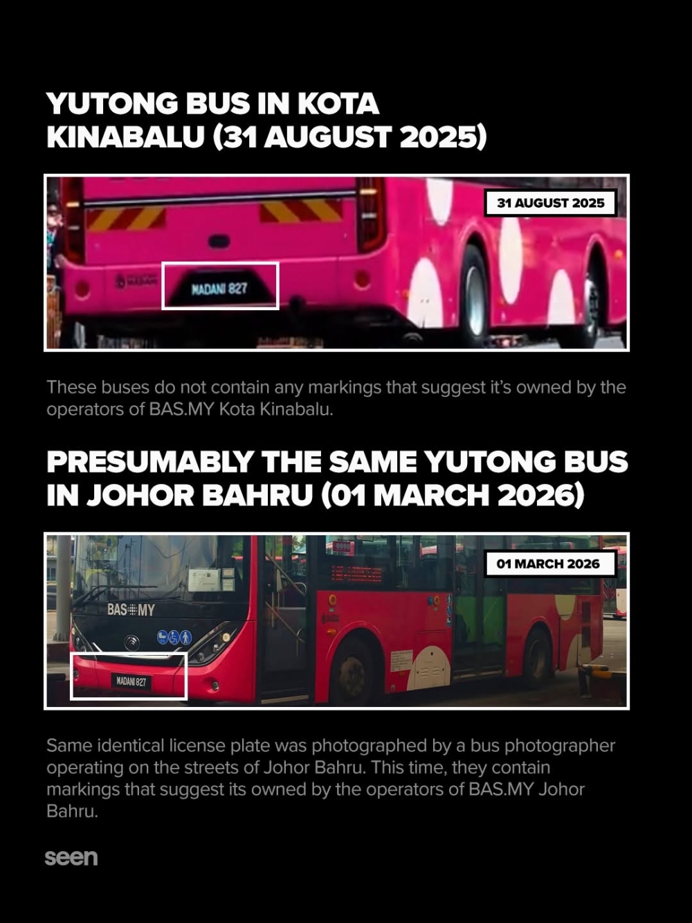 Same-same, but different? Api-Api Assemblyman Loi Kok Liang wants a full explanation about the use of three pink coloured buses under the BAS.MY programme, at least one with the same number plate that started operating in Kota Kinabalu June 2025 but were spotted in Johor Bahru in March 2026. — Picture from Facebook/Sabah Entitlement & Equity Now