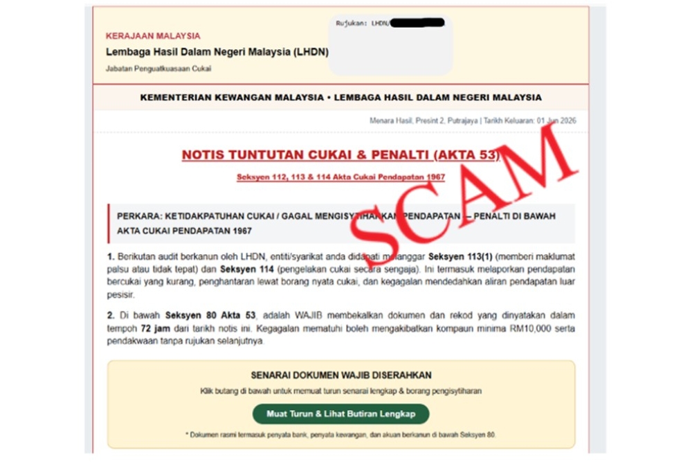 This screengrab shows part of the first tax scam email received by a Malay Mail reader.
