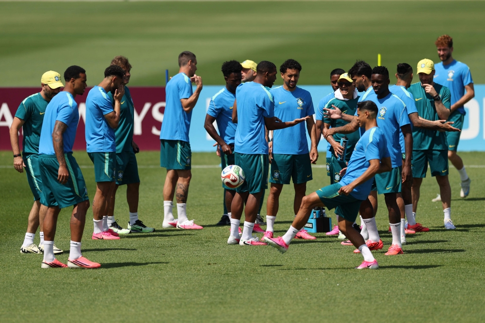 Brazil players warm up at the Columbia Park Training Facility in Morristown, New Jersey on June 12, 2026, one day ahead of their World Cup match against Morocco. — Getty Images via AFP