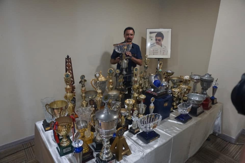 Rally legend Karamjit Singh and his collection of trophies from the sport. — Picture from Facebook/Karamjit Singh