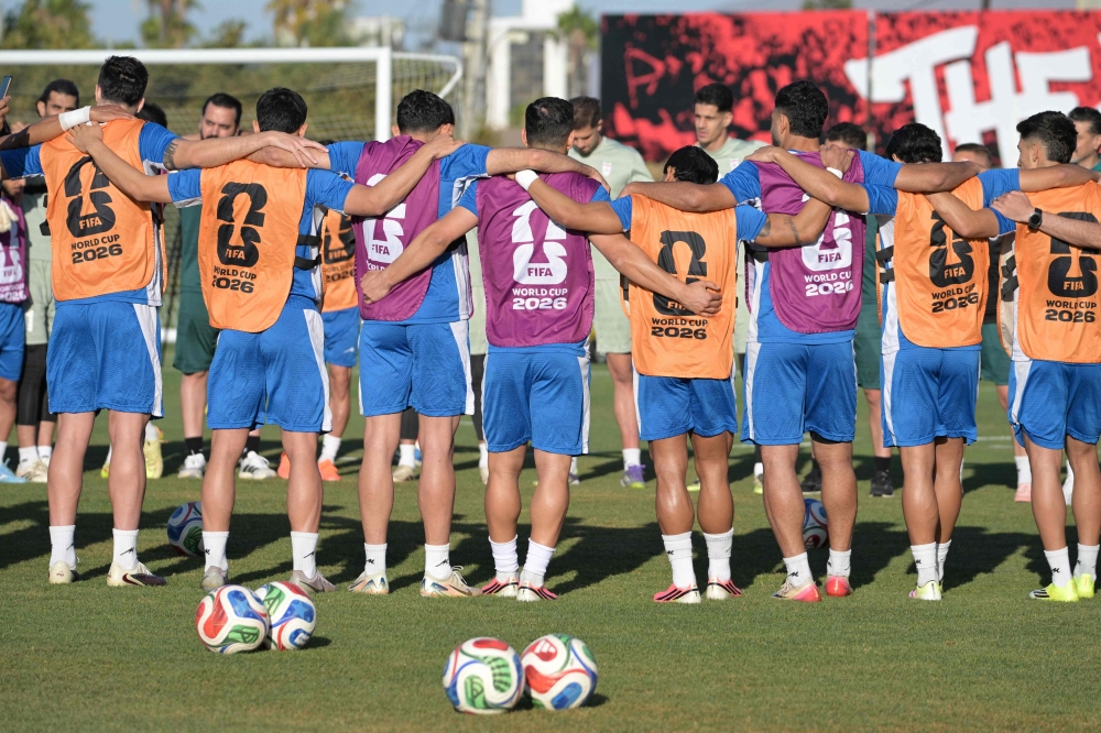 Iran’s players gather in circle during a training session for the 2026 World Cup football tournament Group G football match against New Zealand in Tijuana, Mexico June 13, 2026. — AFP pic