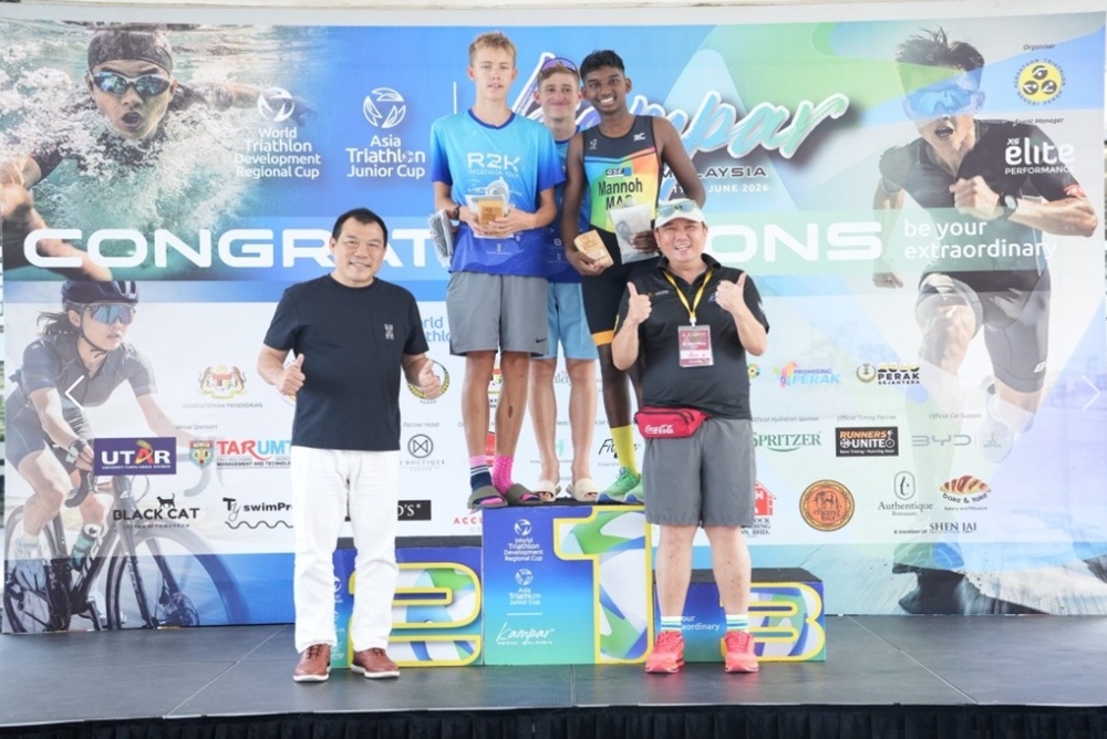 National youth athlete Ashven Mannoh showcased a powerful cycling and running performance to contribute a bronze medal for Malaysia after finishing the race in third place with an overall time of 36 minutes and 50 seconds. — Picture courtesy of the Kampar District Council