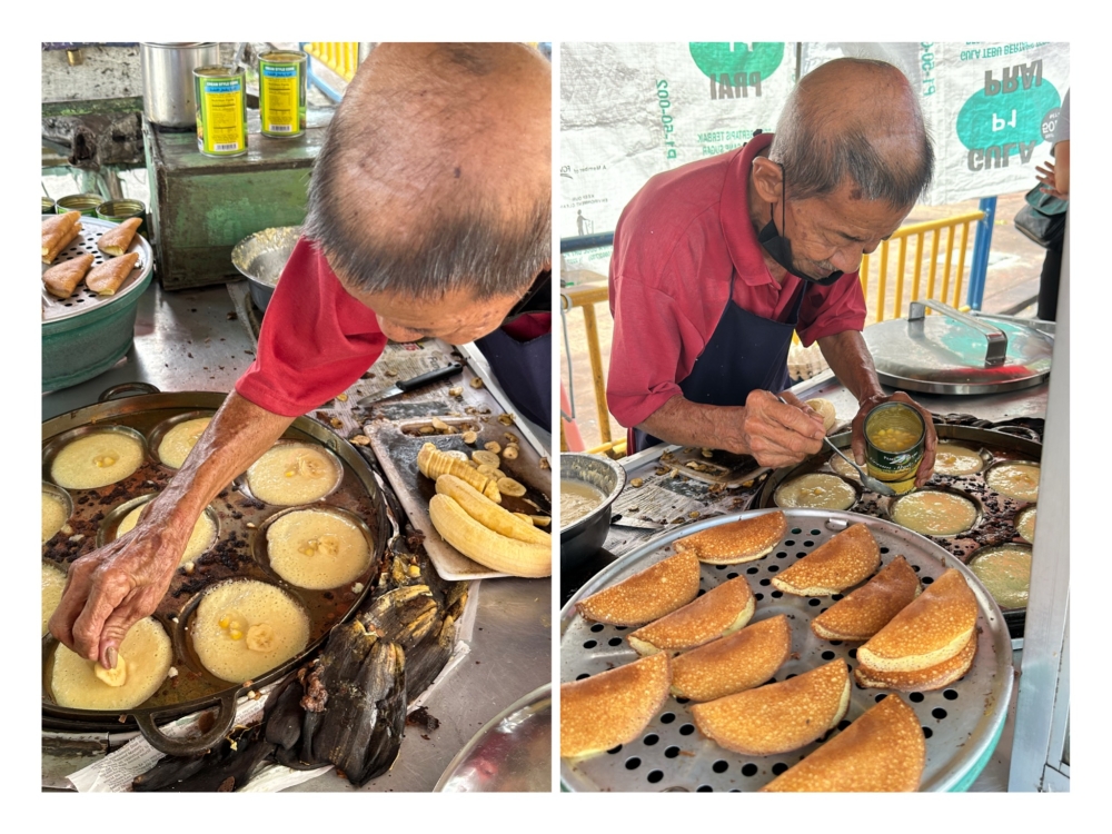 Uncle Guan will add banana to the half cooked ‘apom’ (left). Some prefer a dollop of creamed corn (right ) with their ‘apom’. — Pictures by Lee Khang Yi
