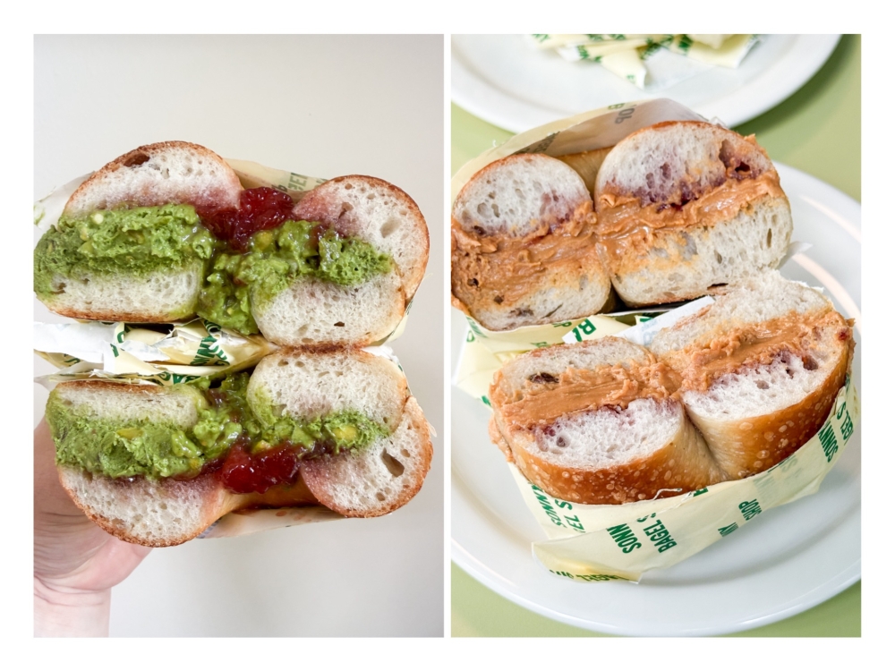 Strawberry Matcha (left) is the kind of bagel that you will want to eat on repeat. The classic Peanut Butter & Jam (right) works here with a thick, fragrant peanut butter. — Pictures by Lee Khang Yi