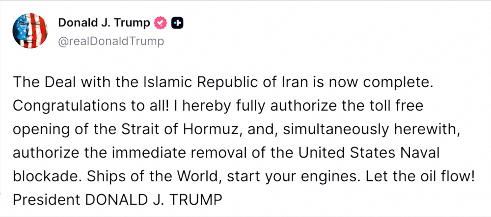Social media post by US President Donald Trump announcing a deal with Iran to end their war, June 14, 2026. — Social media website handout pic via Reuters