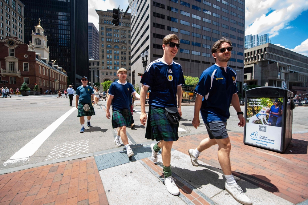 Scottish tourist, members of the Tartan Army, walk around Boston, Massachusetts, on June 17, 2026, ahead of the 2026 World Cup football match between Scotland and Morocco. Scotland’s famously good-natured travelling supporters had waited nearly 30 years for the chance to follow their team to a World Cup and the thousands who have made the journey to the tournament are merrily making up for lost time, to the delight of Bostonians. — AFP pic