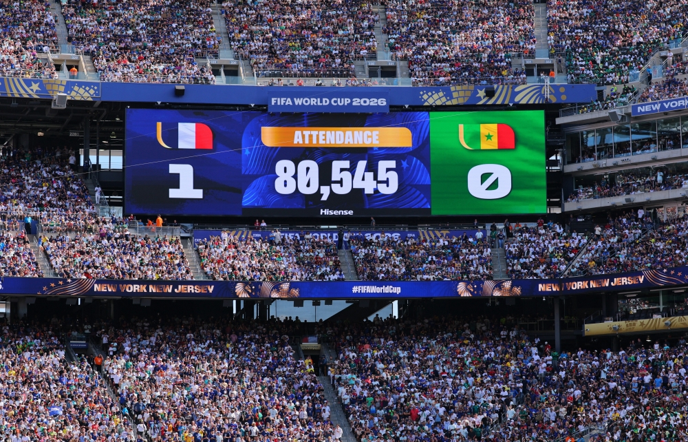 General view of the big screen as it displays the attendance during the Fifa World Cup 2026 Group I match between France and Senegal at the New York/New Jersey Stadium, East Rutherford June 16, 2026. — Caean Couto-Imagn Images pic via Reuters 