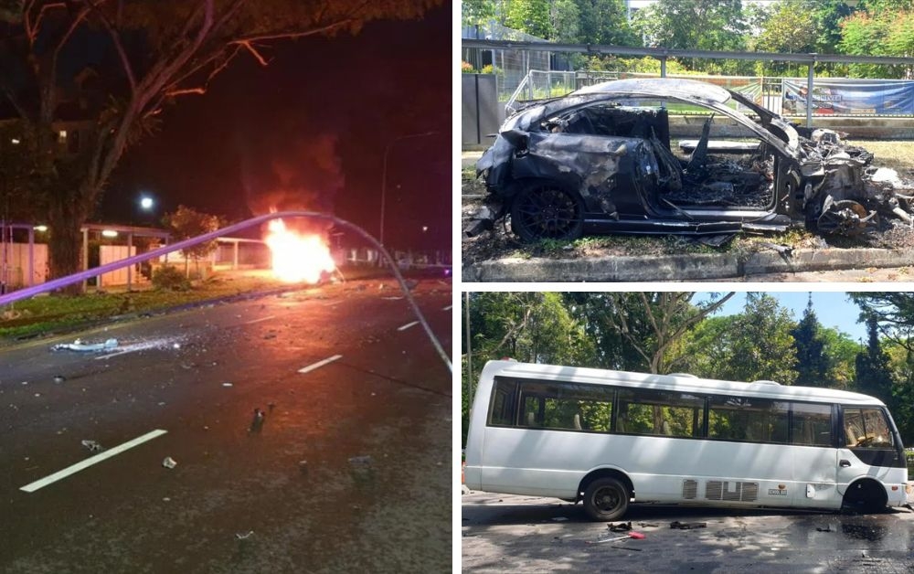 Singapore man charged after allegedly driving against traffic, speeding, hitting school bus and lamp post before car caught fire