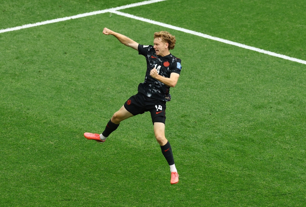 Canada’s Jacob Shaffelburg celebrates their fifth goal, an own goal scored by Qatar’s Mohamed Manai during the Fifa World Cup 2026 Group B match between Canada and Qatar at BC Place, Vancouver June 18, 2026. — Reuters pic