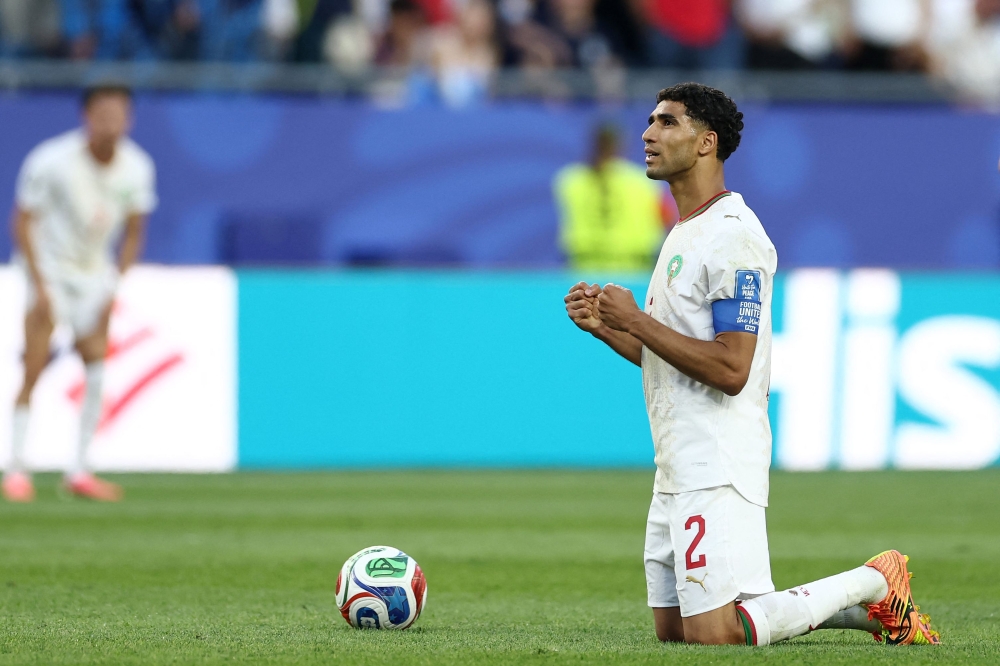Morocco’s defender Achraf Hakimi reacts after winning the 2026 World Cup Group C football match between Scotland and Morocco at the Boston Stadium in Foxborough on June 19, 2026. — AFP pic