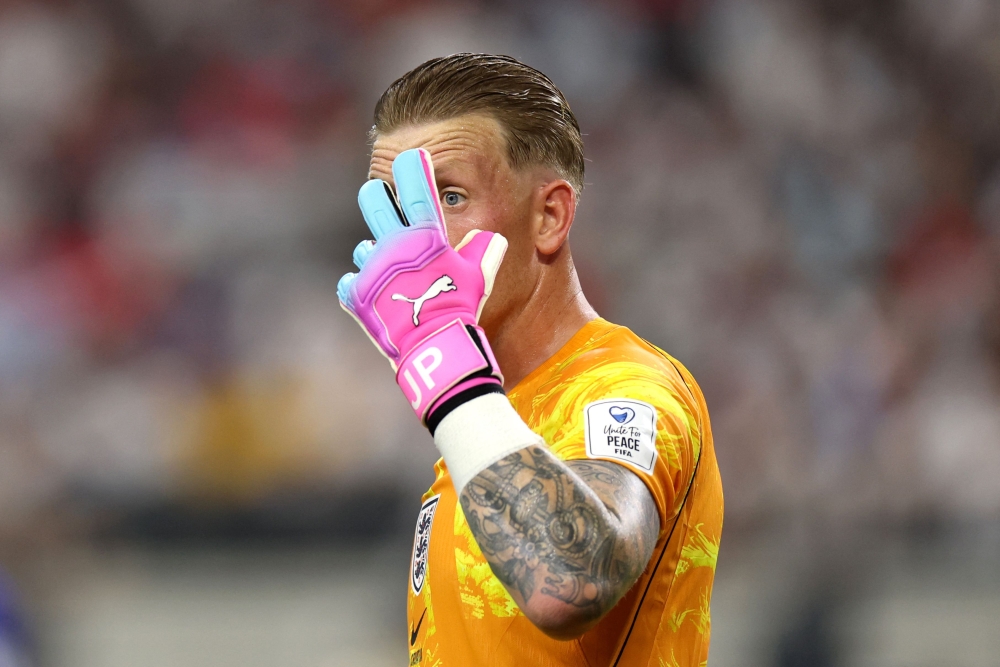 England goalkeeper Jordan Pickford joins the World Cup’s hot pink trend during the Group L match against Croatia in Dallas June 17, 2026. — AFP pic