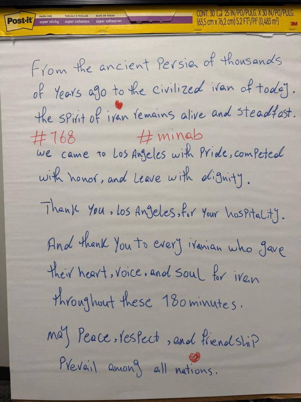 A handwritten message left by the Iranian national football team in their locker room at the Los Angeles Stadium in Inglewood, California thanks the city for its hospitality during the FIFA World Cup 2026 in this picture released on June 21, 2026. — Reuters pic
