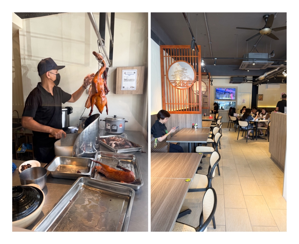 Various roasted meats like duck, ‘char siu’ and ‘siew yoke’ can be ordered here (left). Inside, the air-conditioned space has tables of varying sizes to fit different groups (right). — Pictures by Lee Khang Yi