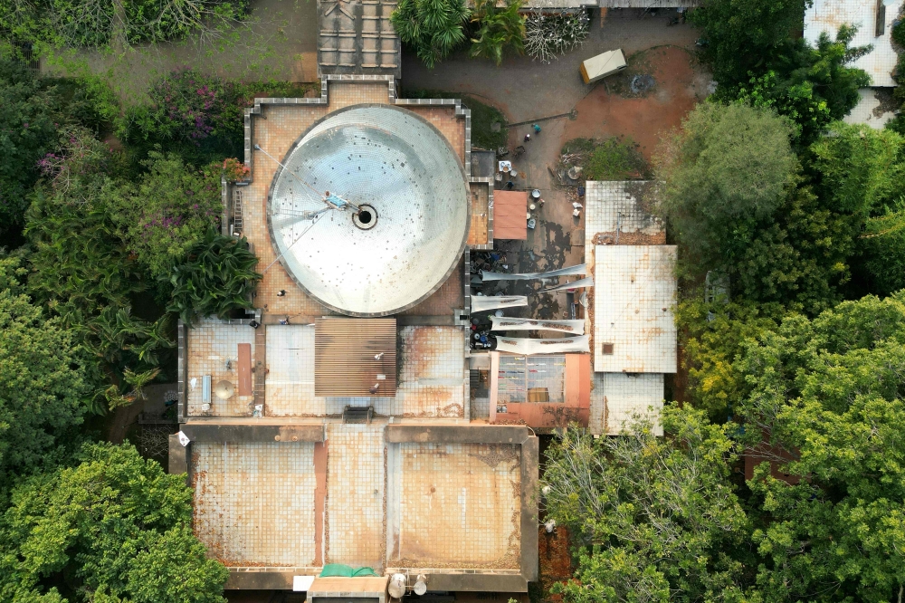 This aerial photograph taken on February 28, 2026 shows the solar bowl built atop the solar kitchen in Auroville near Puducherry. — AFP pic 