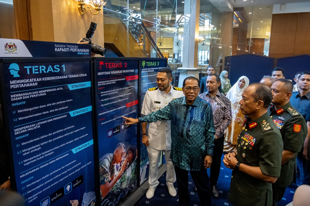 Defence Minister Datuk Seri Mohamed Khaled Nordin visiting an exhibition about the National Defence Strategic Plan 2026 - 2030 and the National Defence Capacity Action Plan at Royale Chulan Kuala Lumpur on June 25, 2026. — Picture by Firdaus Latif 