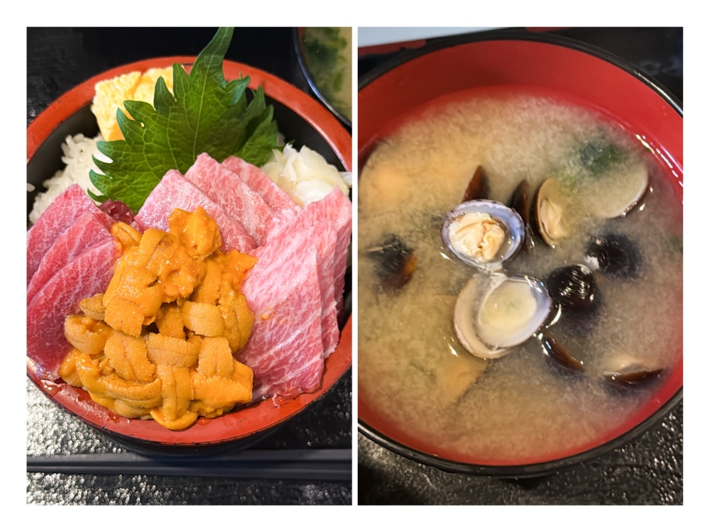 ‘Kaisendon’ is served with various cuts of tuna and creamy sea urchin (left). A bowl of miso soup is topped with tiny clams called ‘shijimi’ (right). — Pictures by Lee Khang Yi