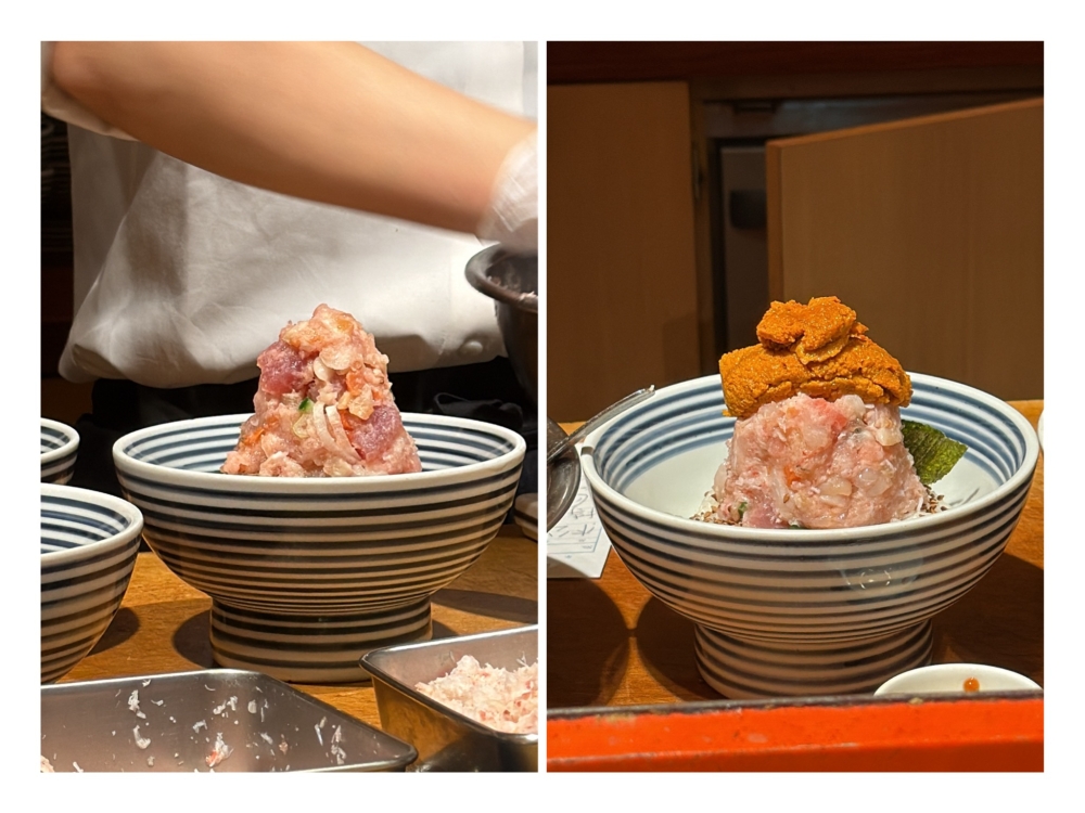 Each bowl of rice is topped with a mound of tuna mixed with shrimp, whelk, geoduck clam, and squid, and then topped with sea urchin. — Pictures by Lee Khang Yi