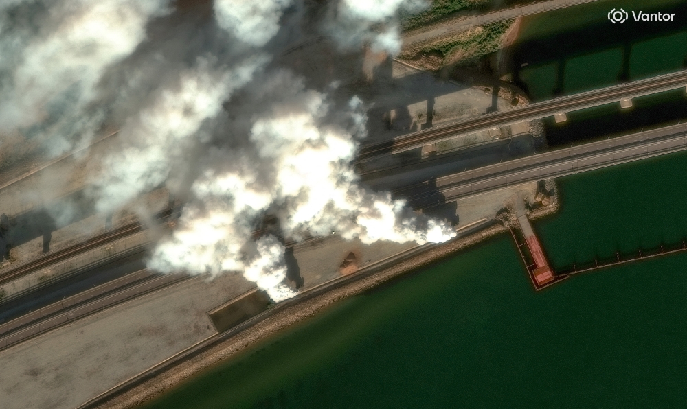 A satellite image shows smoke rising by the Crimea Bridge, amid the Russia-Ukraine conflict, Crimea, June 22, 2026. — Reuters pic/Vantor handout